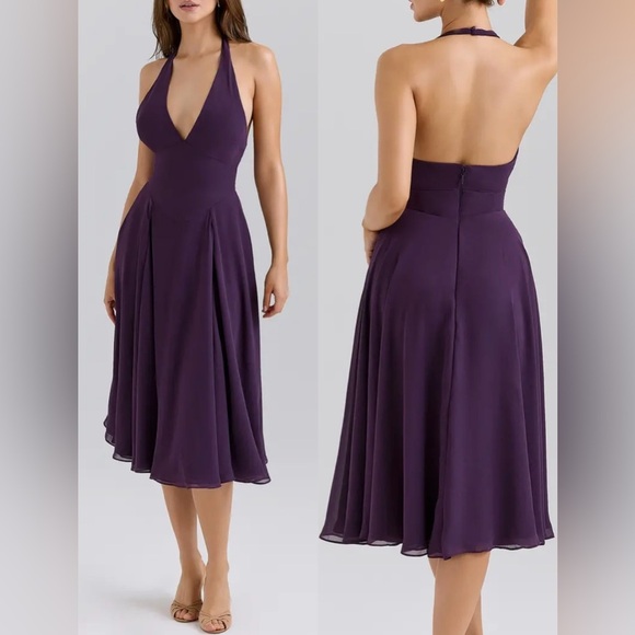 NEW HOUSE OF CB Solada Georgette Halter Grape Purple Dress sz S - Picture 7 of 9